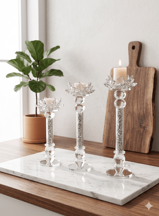 شمعدان كريستال 3 احجام اللون السلفر - Rekaz Home