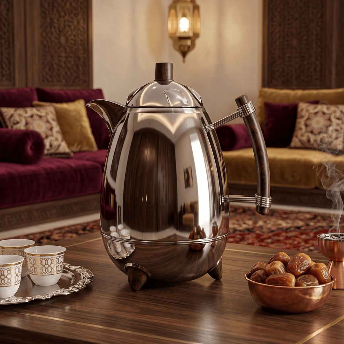 دلة قهوة رويال | موديل عقيق | 1 لتر | فضي بيد خشبية - Rekaz Home