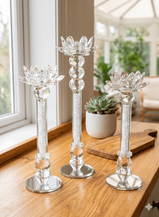 شمعدان كريستال 3 احجام اللون الأبيض - Rekaz Home