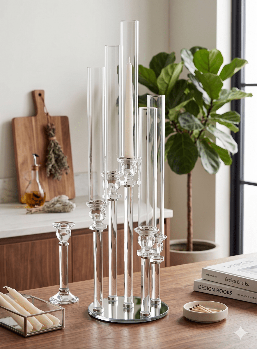 شمعدان كريستال خماسي سلفر 40 سم - Rekaz Home