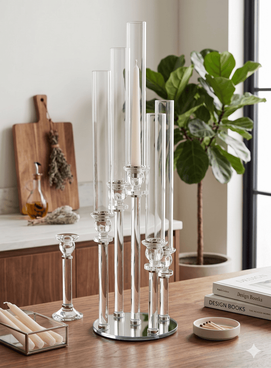 شمعدان كريستال خماسي سلفر 40 سم - Rekaz Home
