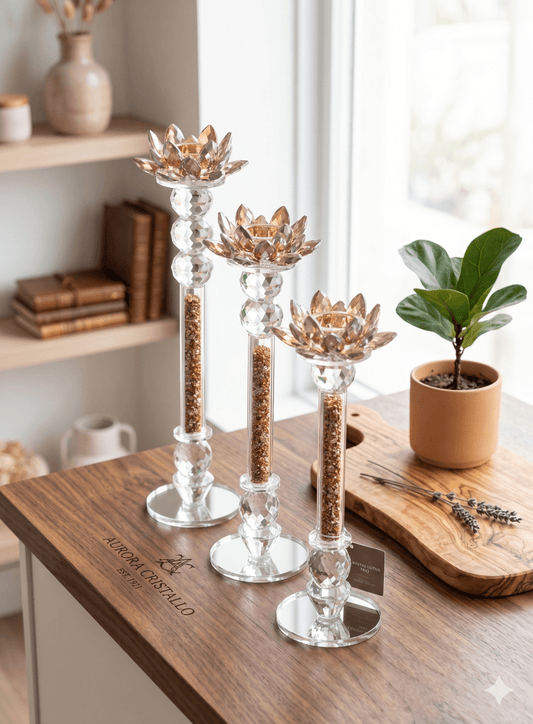 شمعدان كريستال 3 احجام اللون الذهبي - Rekaz Home