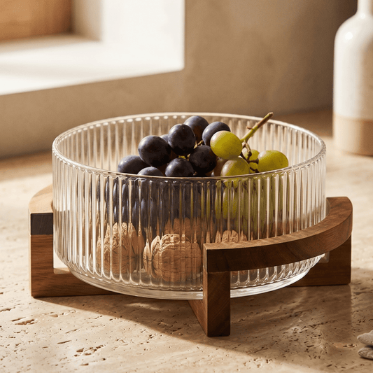 وعاء زجاجي دائري مع قاعدة خشبية - Rekaz Home