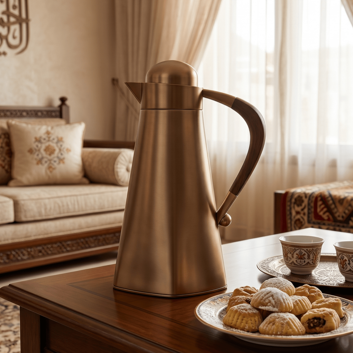 دلة قهوة رويال | موديل شاهين | 1 لتر | برونزي بيد خشبية - Rekaz Home