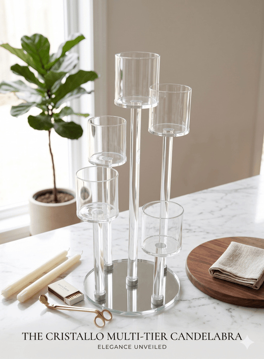 شمعدان كريستال خماسي سلفر 40 سم - Rekaz Home