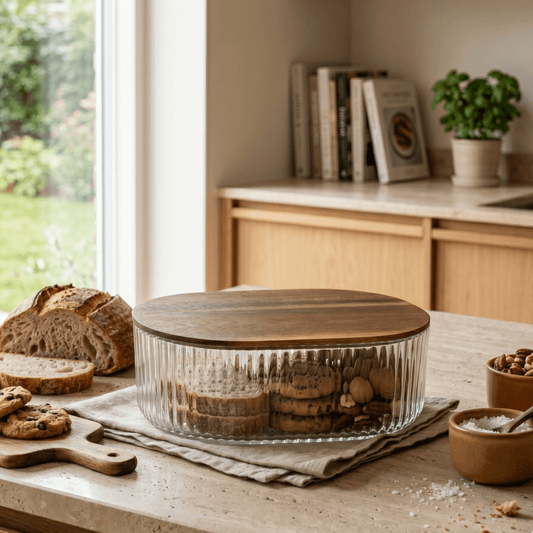 حافظة طعام زجاجية بيضاوي مع غطاء خشبي | 26 سم × 7 سم - Rekaz Home