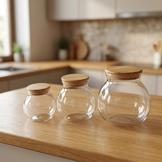 طقم مرطبانات زجاجية بتصميم كروي وغطاء خشبي (3 قطع) - Rekaz Home