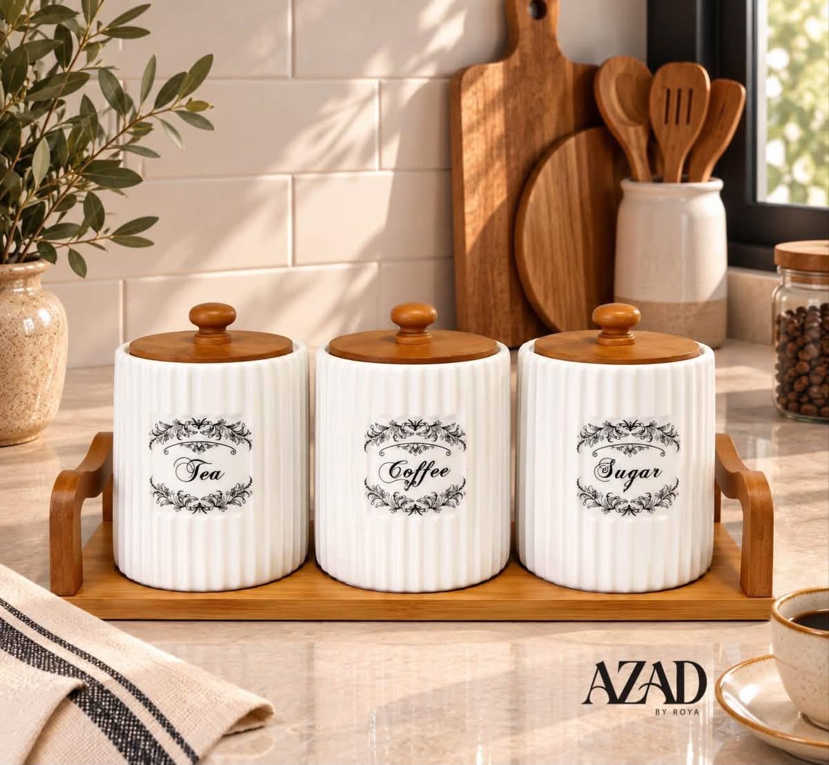 طقم علب سيراميك فاخر للشاي والقهوة والسكر مع قاعدة خشبية - (من AZAD BY ROYA) - Rekaz Home