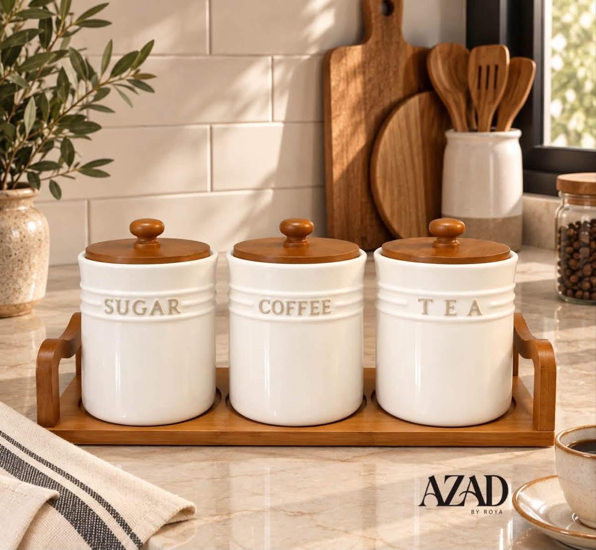 طقم علب سيراميك فاخر للشاي والقهوة والسكر مع قاعدة خشبية - (من AZAD BY ROYA) - Rekaz Home