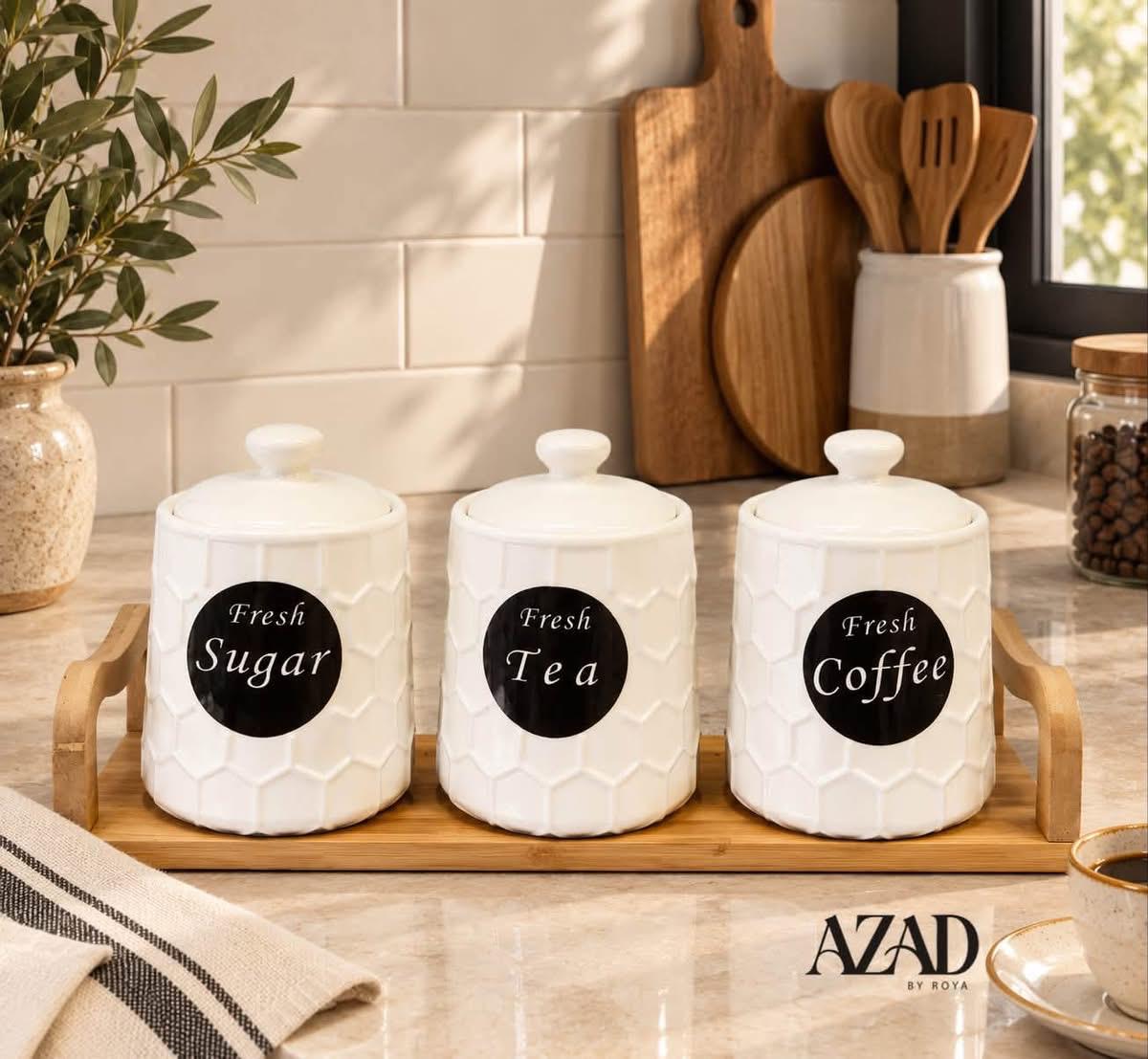 طقم علب سيراميك فاخر للشاي والقهوة والسكر مع قاعدة خشبية - (من AZAD BY ROYA) - Rekaz Home