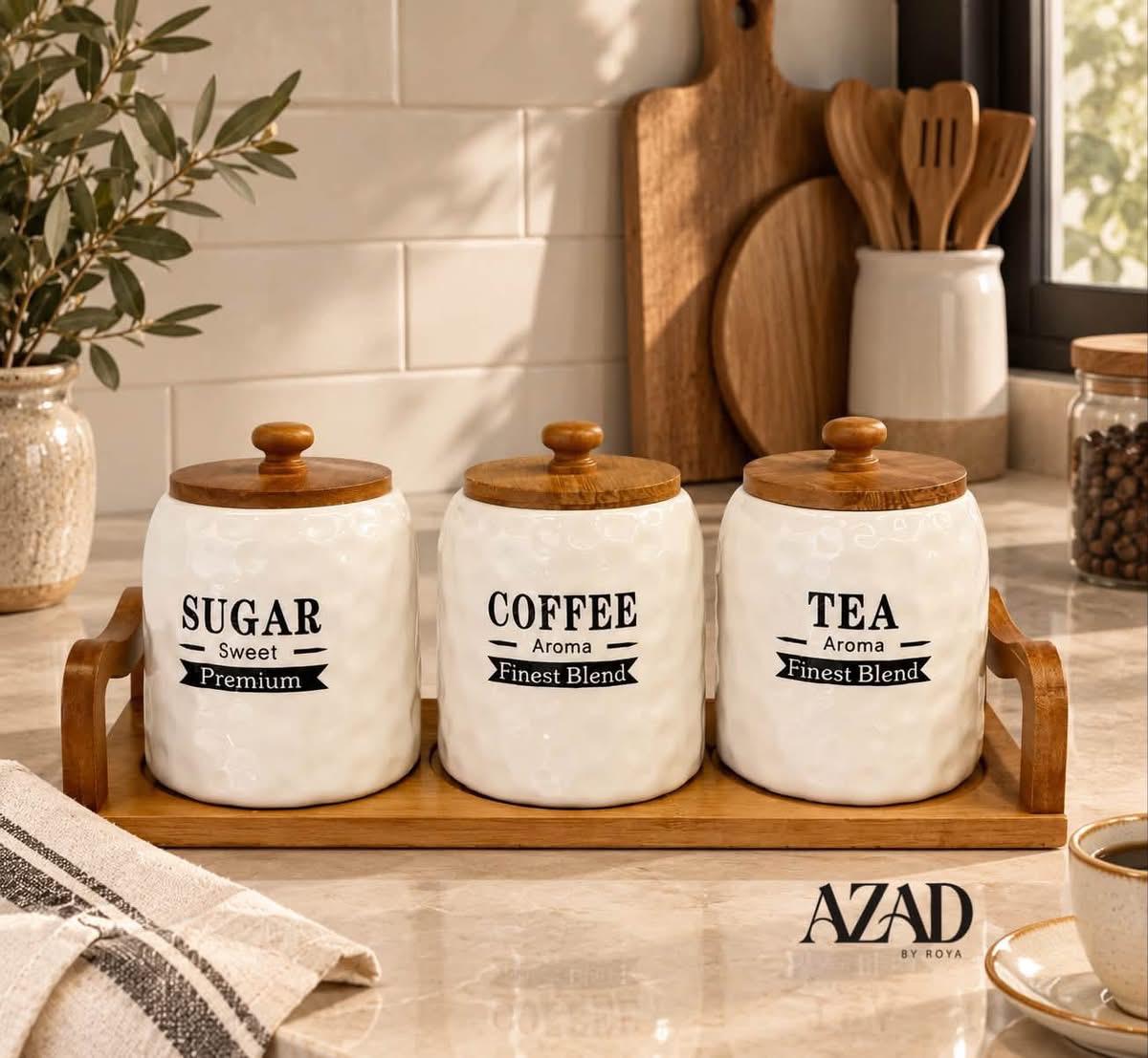 طقم علب سيراميك فاخر للشاي والقهوة والسكر مع قاعدة خشبية - (من AZAD BY ROYA) - Rekaz Home