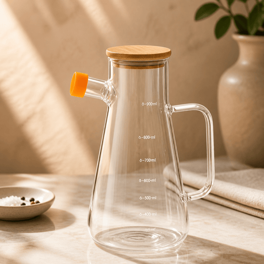ابريق زيت زجاج غطاء خشب 900 مل - Rekaz Home