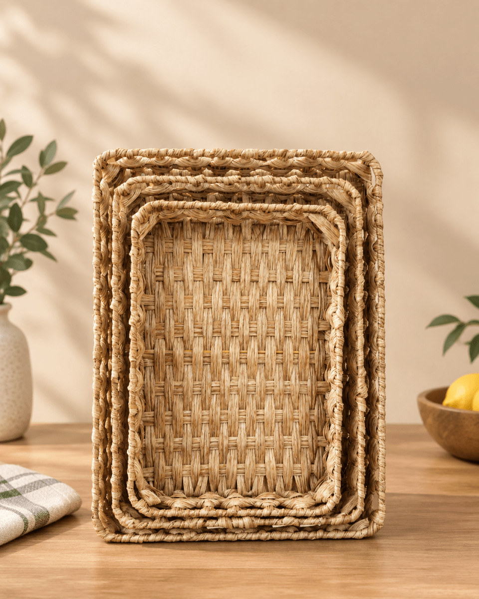 طقم صواني قش صناعي عدد 3 مستطيل - Rekaz Home