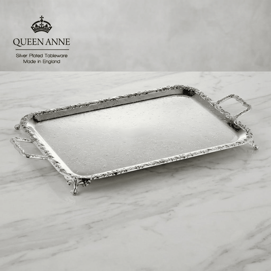 صينية ضيافة مستطيلة فضة بأرجل من Queen Anne - Rekaz Home