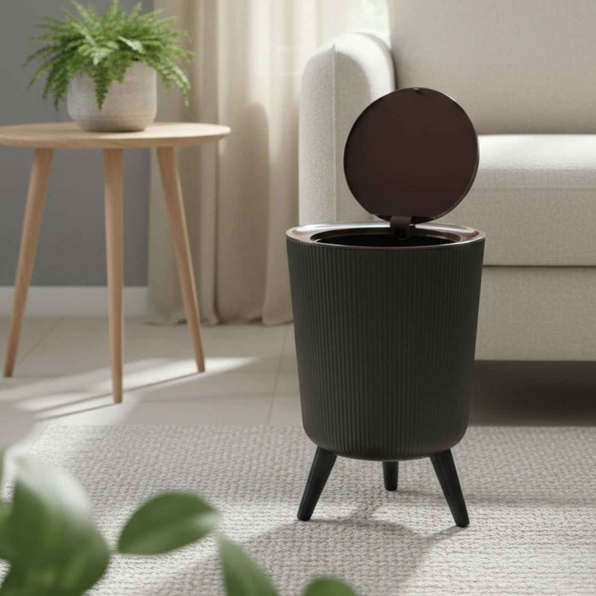 Push-lid waste bin, wood-colored