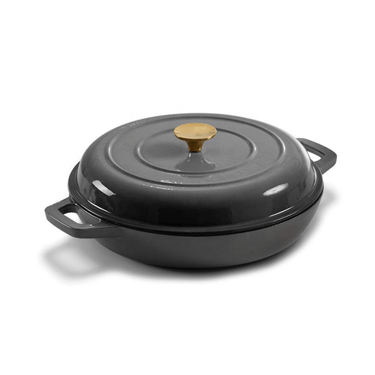 طنجرة كاست آيرون Shallow pot (حديد زهر) متينة مع غطاء محكم من UniChef - رمادي كلاسيكي 28 سم - Rekaz Home