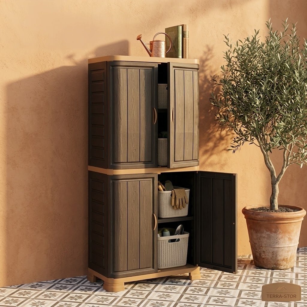 خزانة بلاستيكية طابقين بتصميم خشابي مميز من بيت المقدس ارفف - Rekaz Home