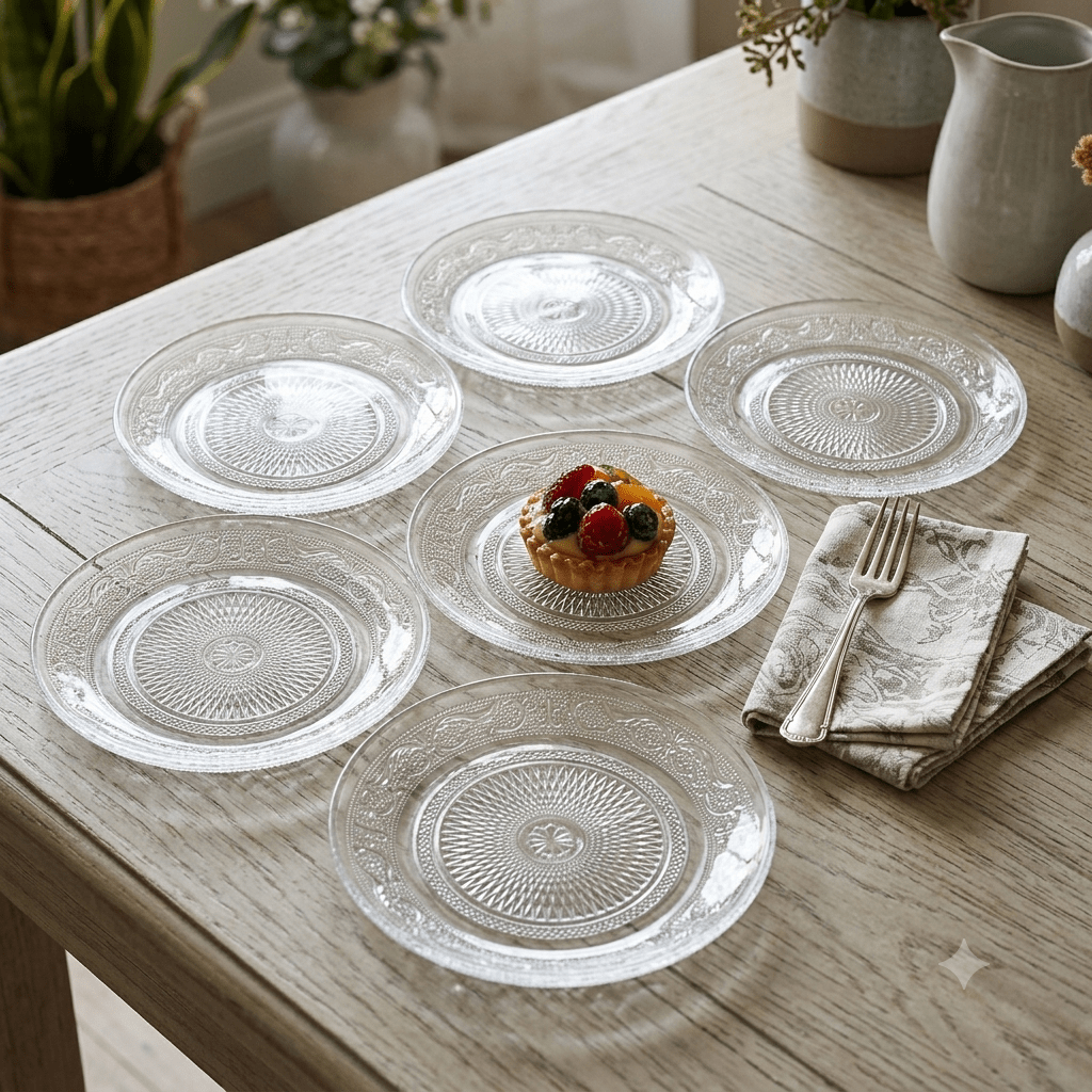 طقم صحون حلويات دائري زجاج 14 سم عدد 6 - Rekaz Home