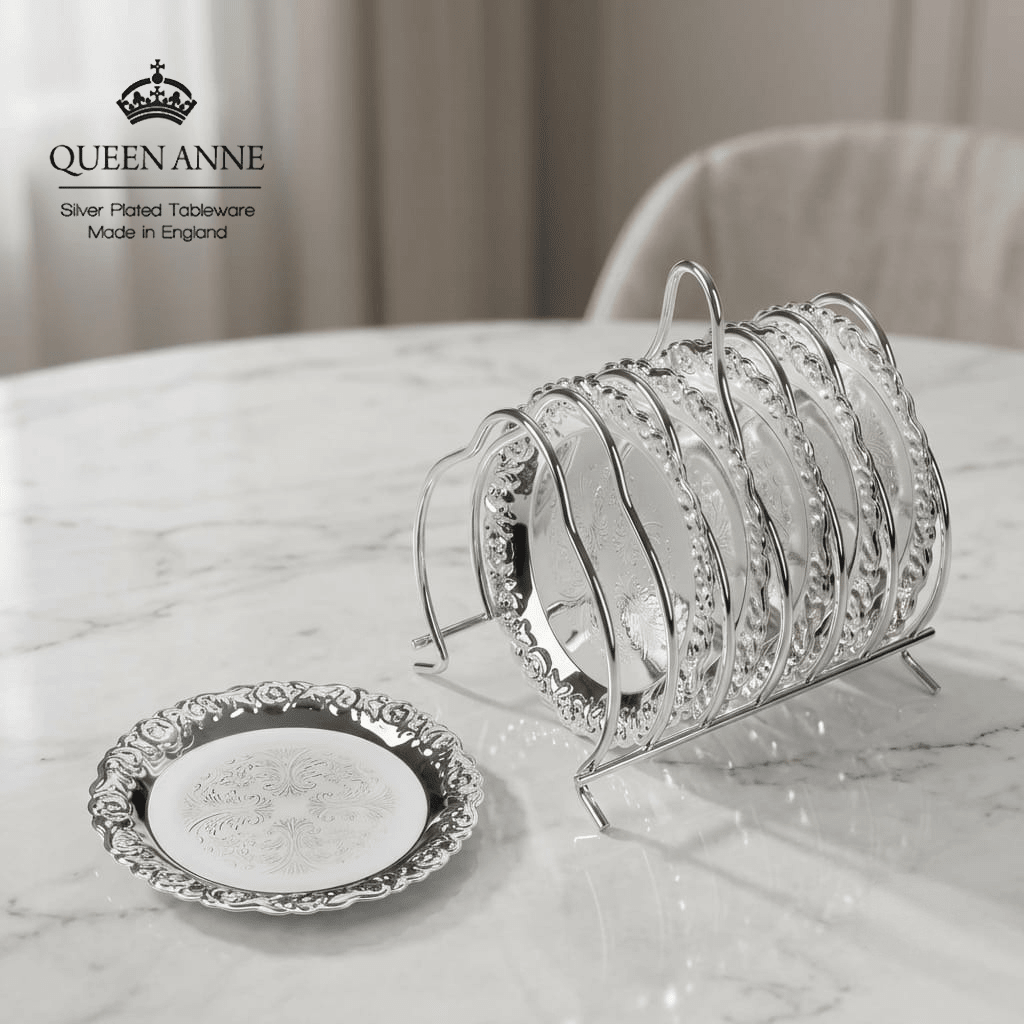 طقم كوسترات / صحون ضيافة 10 سم عدد 6 مع ستاند فضة من Queen Anne - Rekaz Home