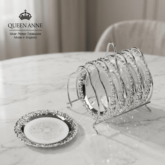 طقم كوسترات / صحون ضيافة 10 سم عدد 6 مع ستاند فضة من Queen Anne - Rekaz Home
