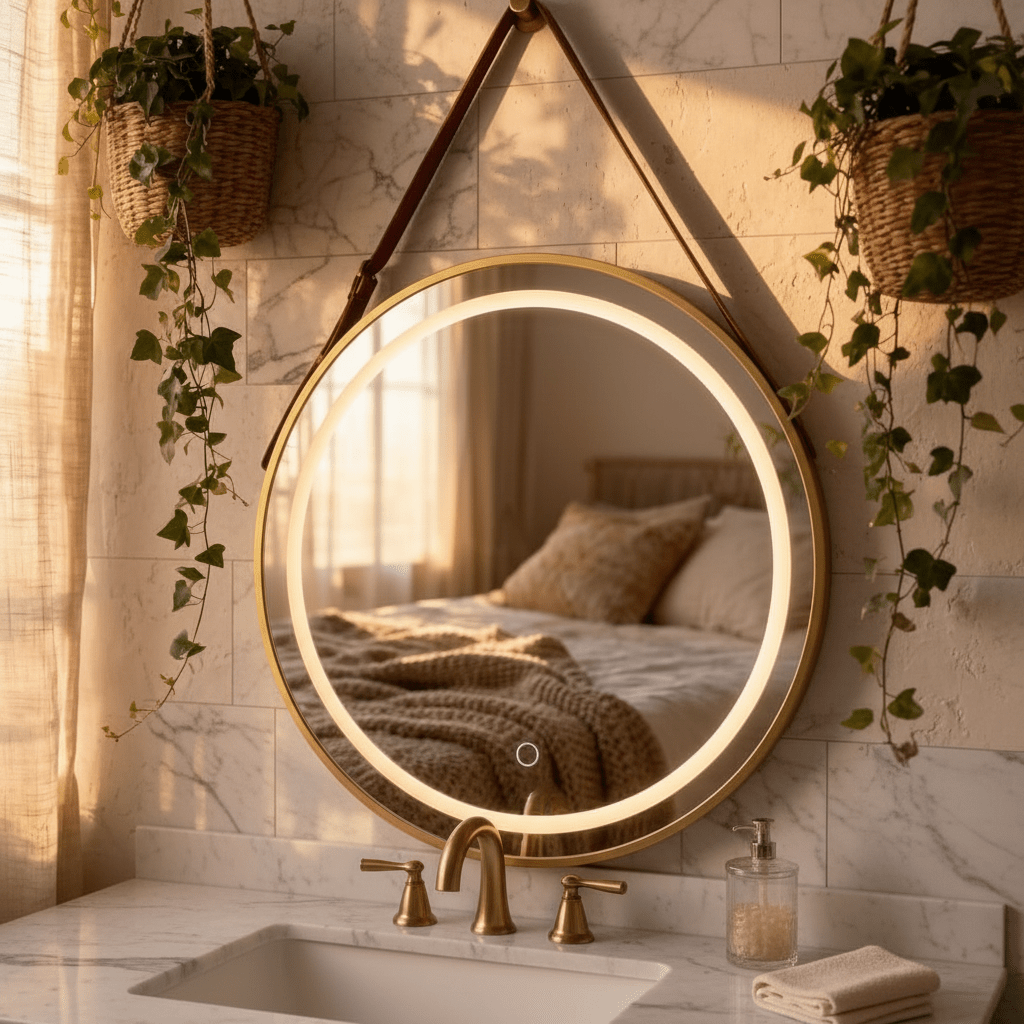 مرايا دائري فريم المنيوم مذهب 50 سم انارة LED - Rekaz Home