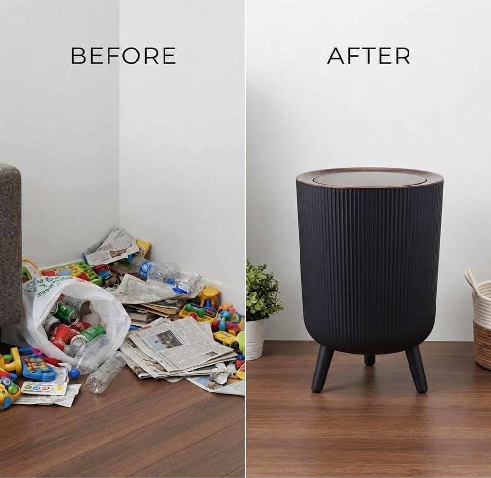 Push-lid waste bin, wood-colored